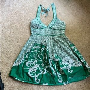 Green and white halter mini dress